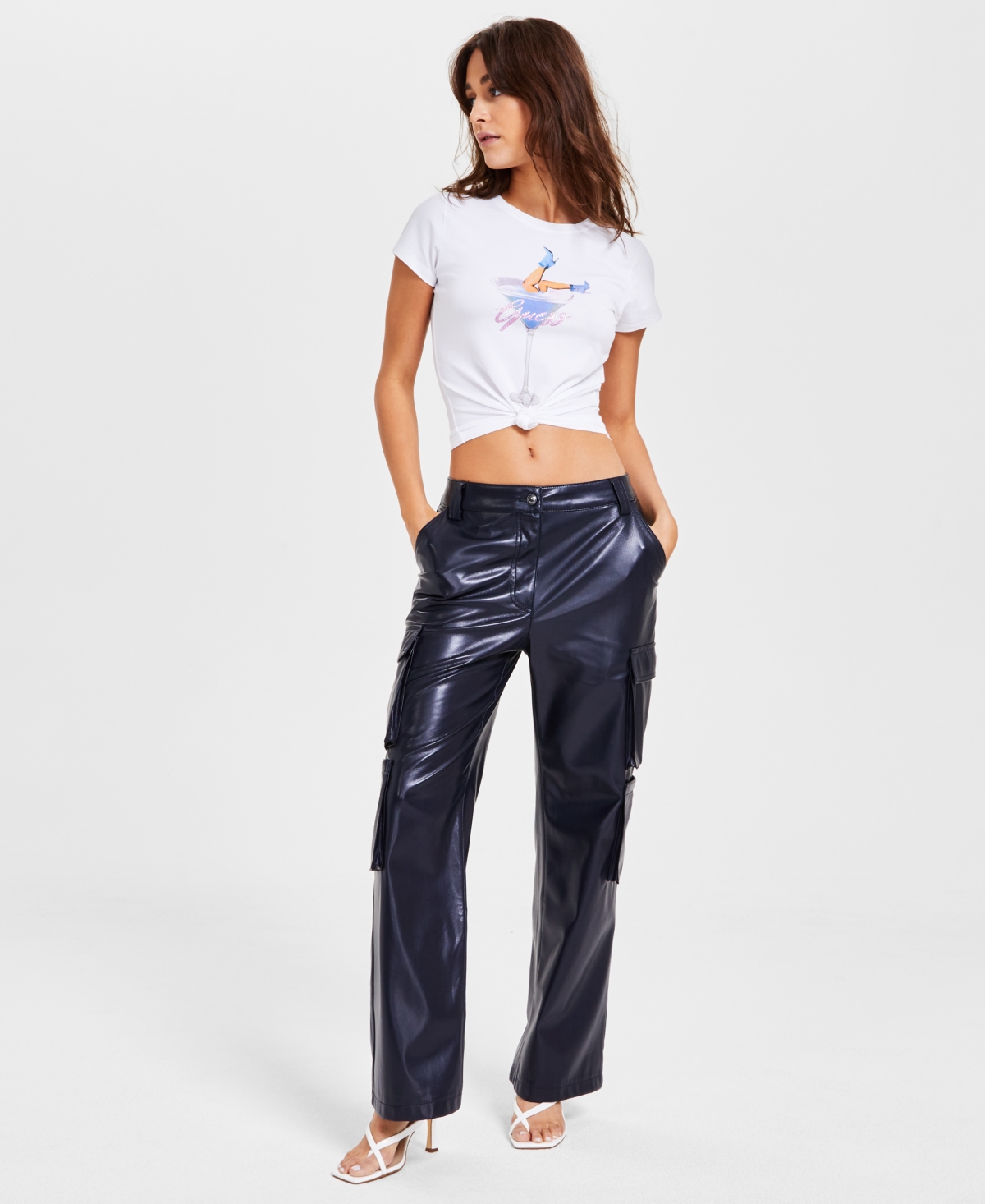 Guess Women's Kori High-Rise Faux-Leather Cargo Pants - Daring Ocean