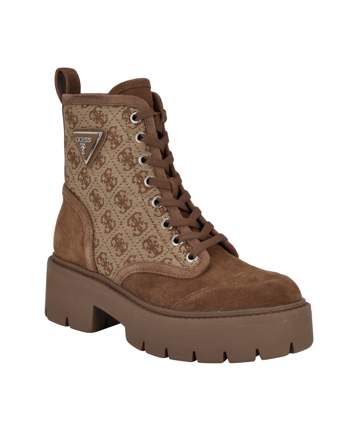 Guess Women's Shun Triple Triangle Lace-Up Lug Sole Combat Boots - Medium Brown Suede