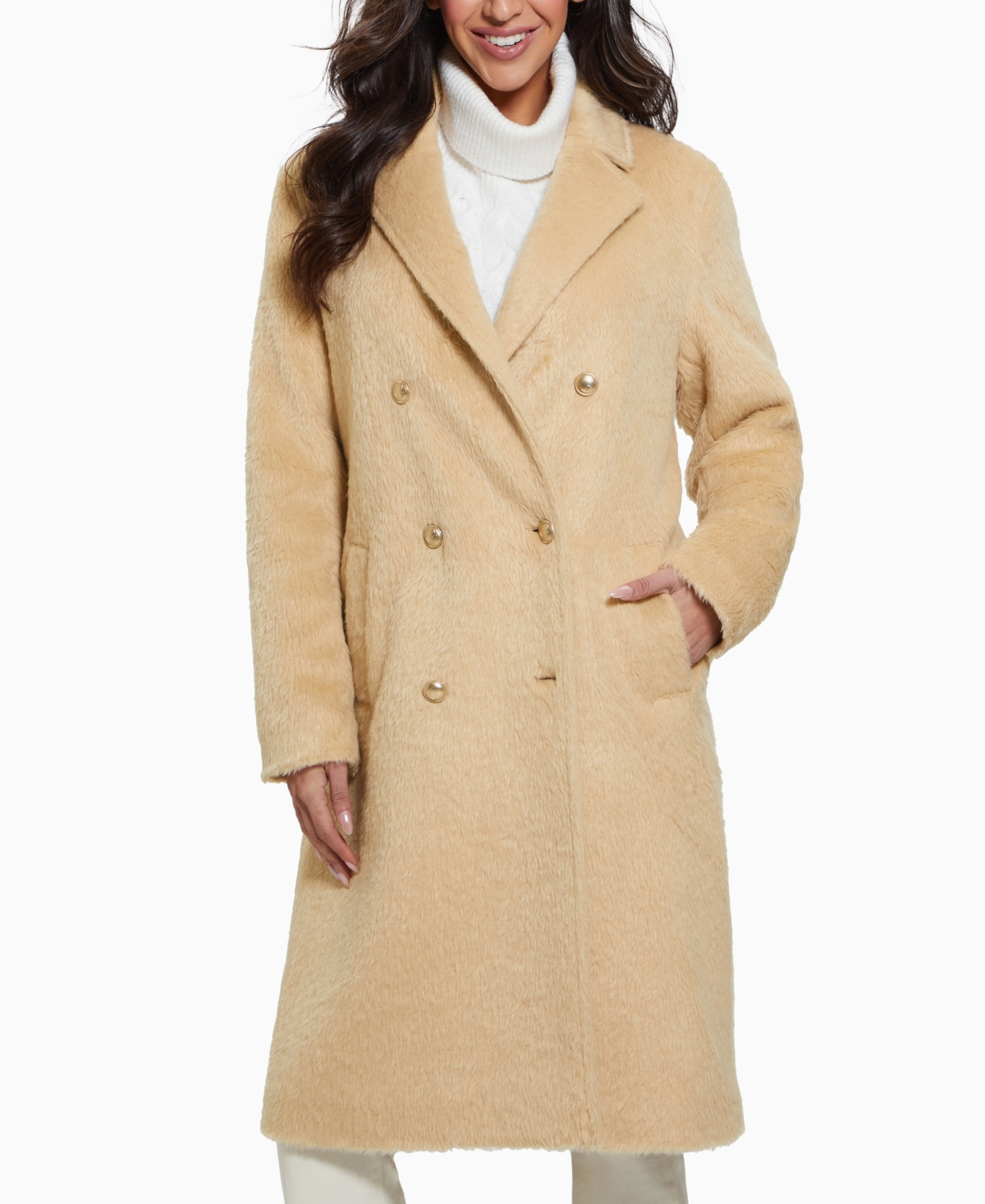 Guess Women's Textured Double-Breasted Notched-Collar Coat - Foamy Taupe