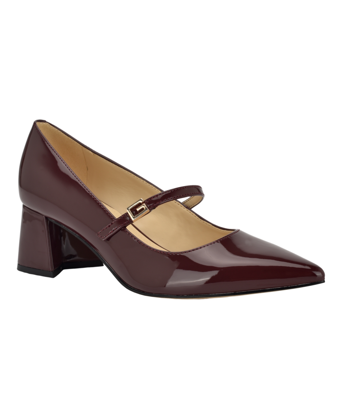 Guess Women's Zands Pointed Toe Mid-Block Heel Patent Mary Janes Pumps - Dark Red Patent