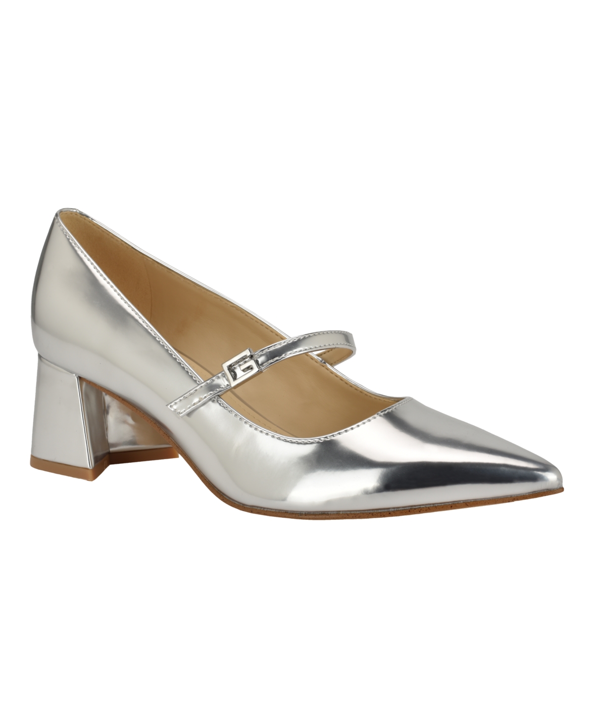 Guess Women's Zands Pointed Toe Mid-Block Heel Patent Mary Janes Pumps - Silver