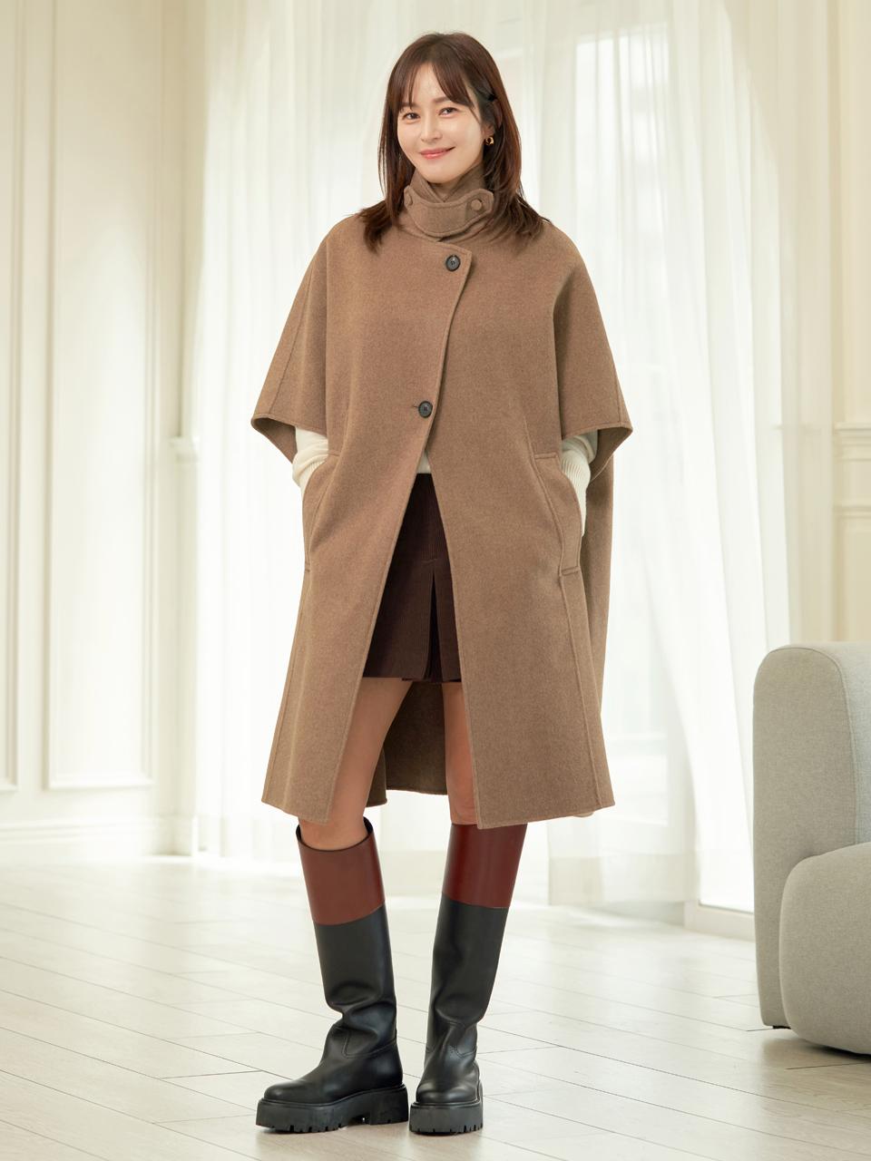 HANDMADE CASHMERE CAPE COAT [MELANGE BROWN] [BLACK