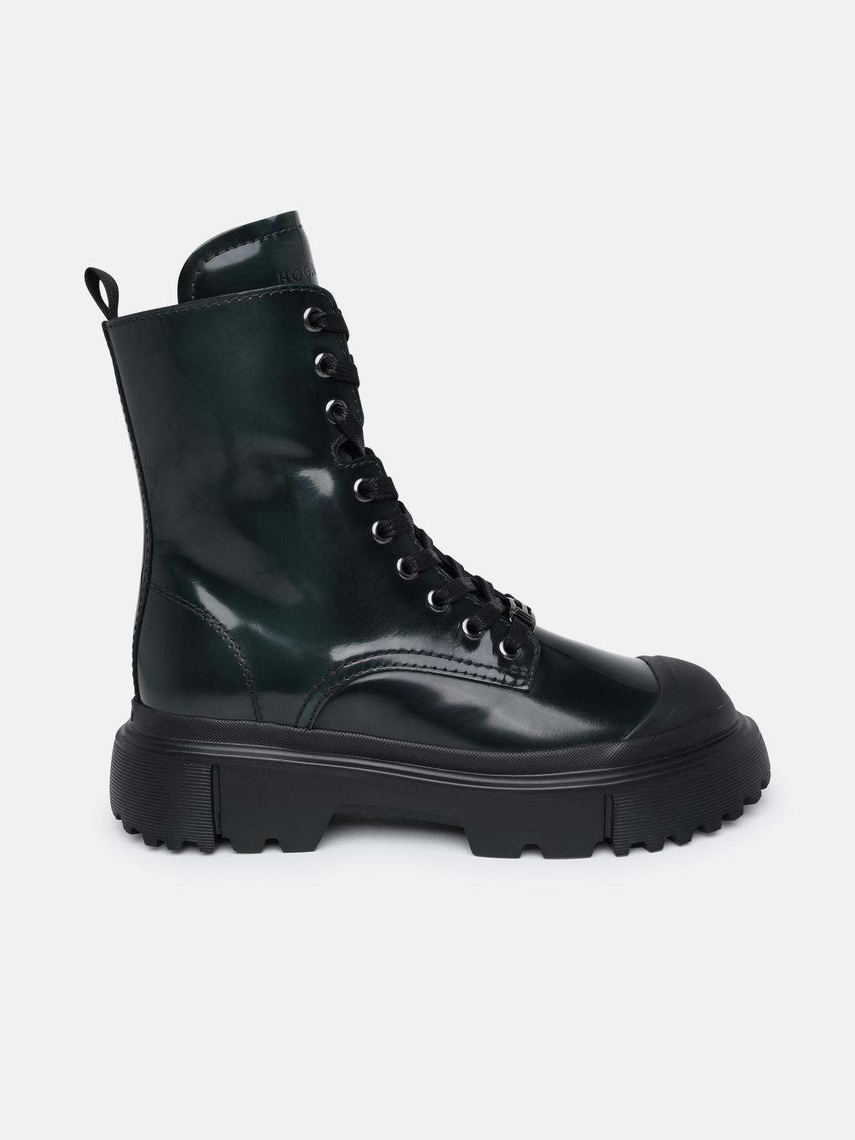 HOGAN H619 Green Leather Combat Boots