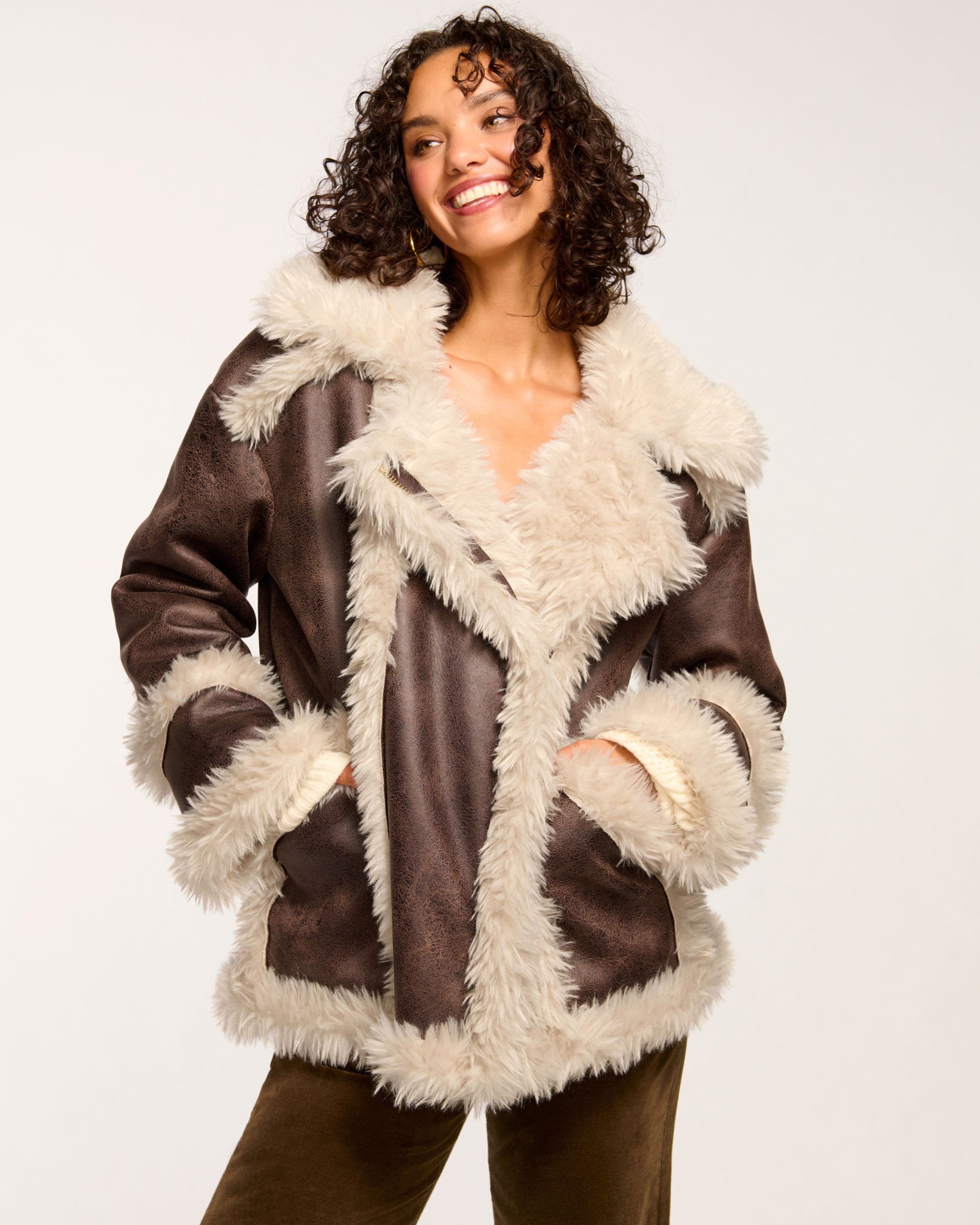 Hal Faux Shearling Coat in Brown Shearling