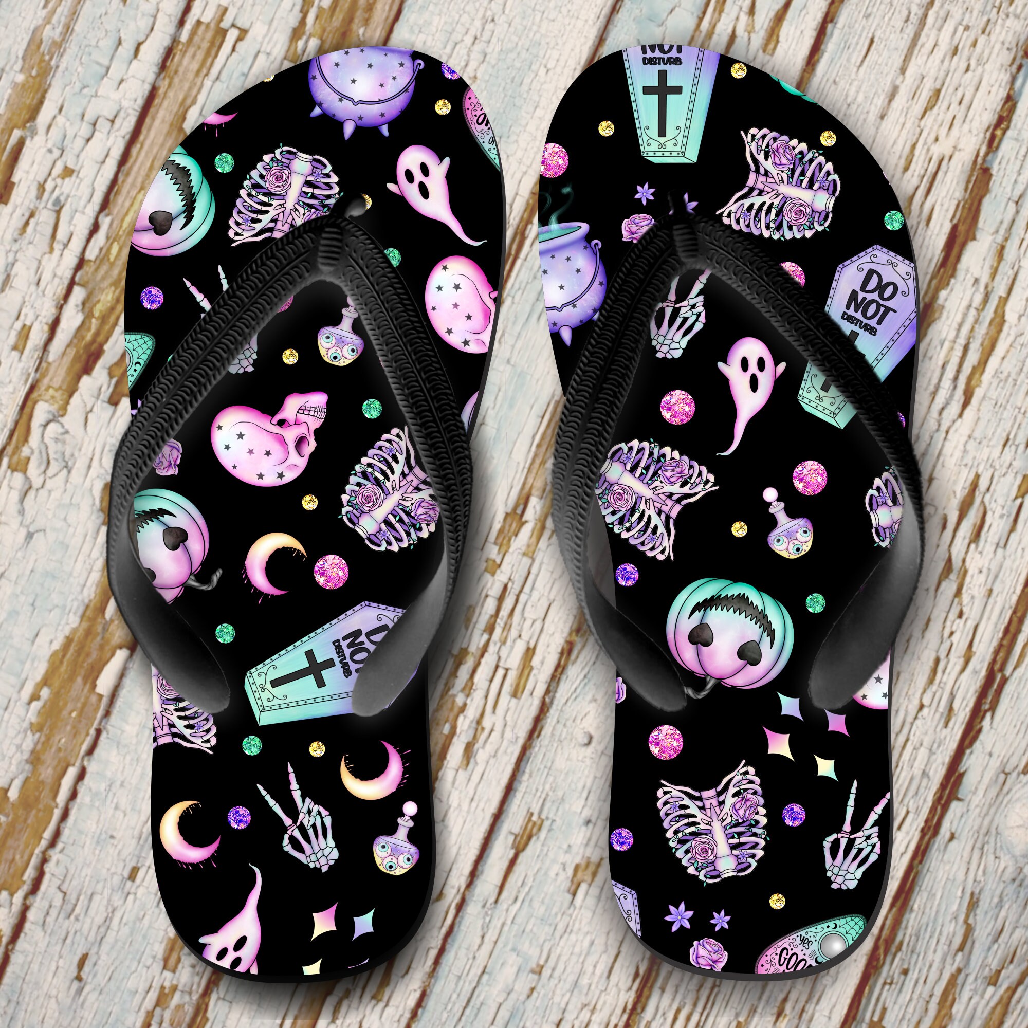 Halloween Flip Flops/ Gothic Pastel Pumpkins, Ghosts, Skeletons, Coffins & Moons Beach Sandals