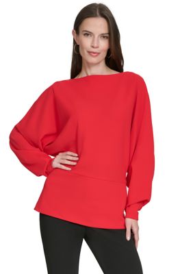 Halston Women's Blouson Sleeve Peplum Top, Red, X-Large