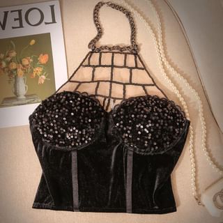 Halter Neck Chain Strap Sequin Mesh Panel Velvet Bustier Top