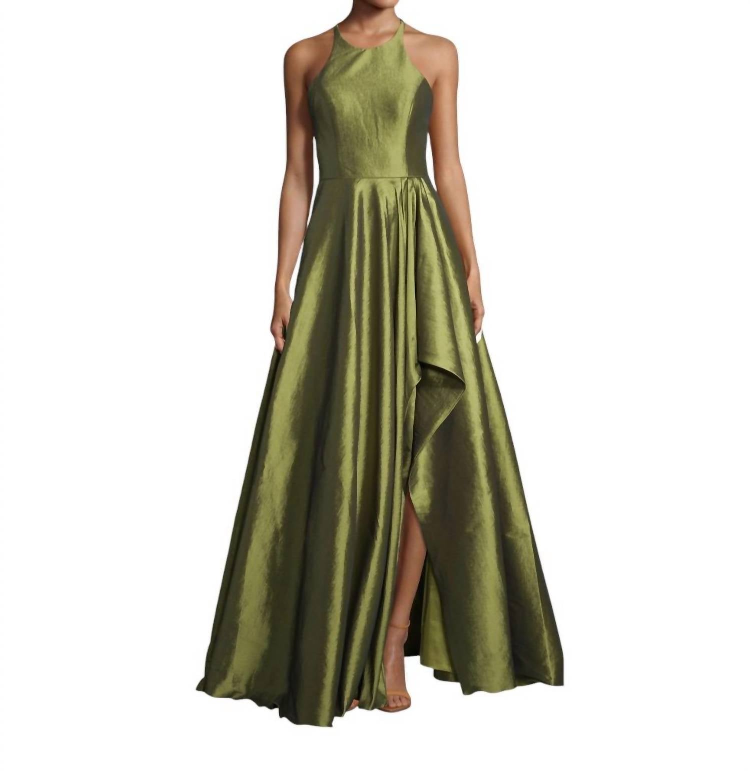 Halter Neck Shimmer High Low Gown In Olive Green