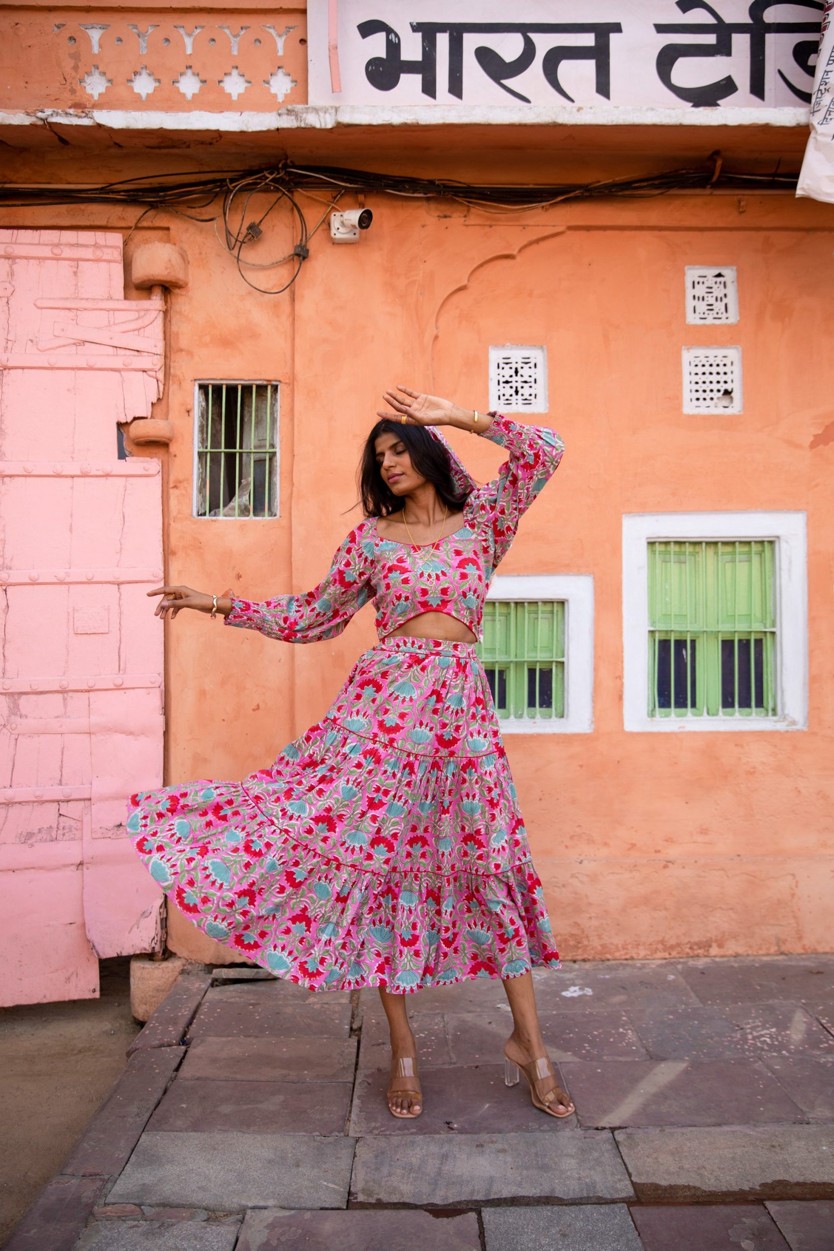 Hand Block Printed Summer Co-Ord Crop Top Skirt Floral Colour Tiered Organic Cotton Ethical Sustainable Sundress Women Maxi Dress