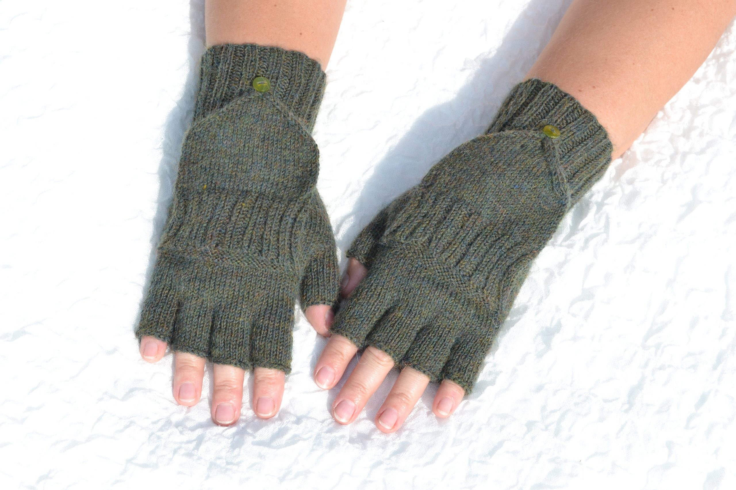 Hand Knitted Dark Green Half Finger Gloves Convertible To Mittens, Woolen Flip Top Handmade Gloves, Glomitts in S/M