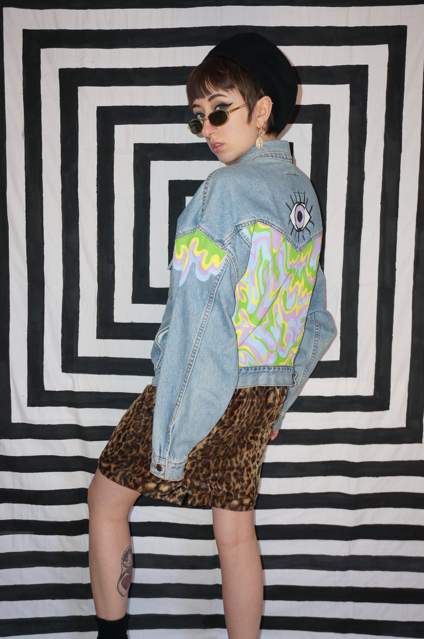 Hand Painted Festival Pastel Trippy Eye Vintage Denim Jacket