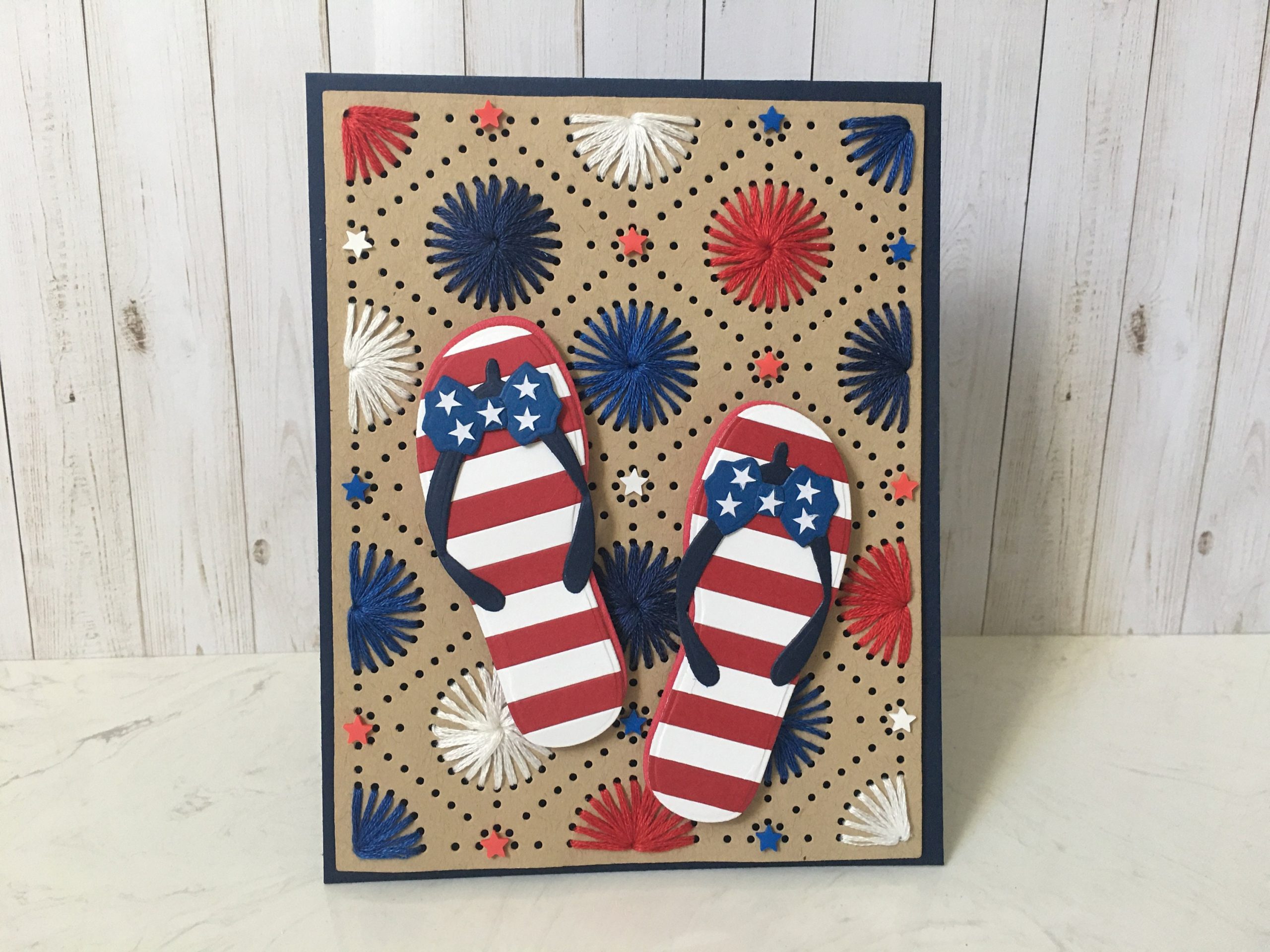 Hand Stitched 4Th Of July Card, Patriotic Independence Day Stars & Stripes, Red/White/Blue, Flip-Flops Greeting Card