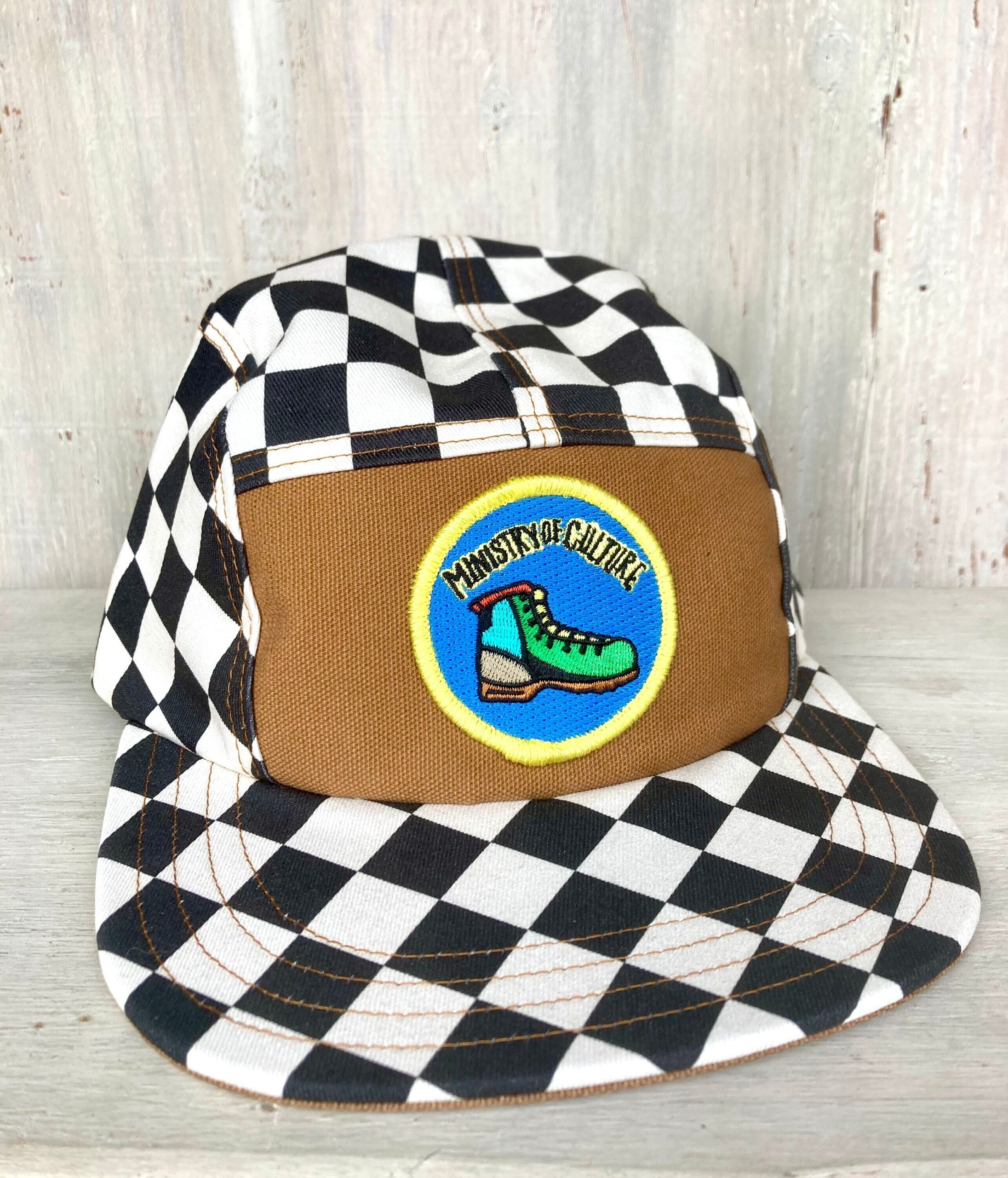 Handmade 5 Panel Camp Hat, Baseball Cap, Snap Back, 5Panel Hat, Gift For Him, Black & White Checkerboard, Hiking Boot Patch, 4 Him