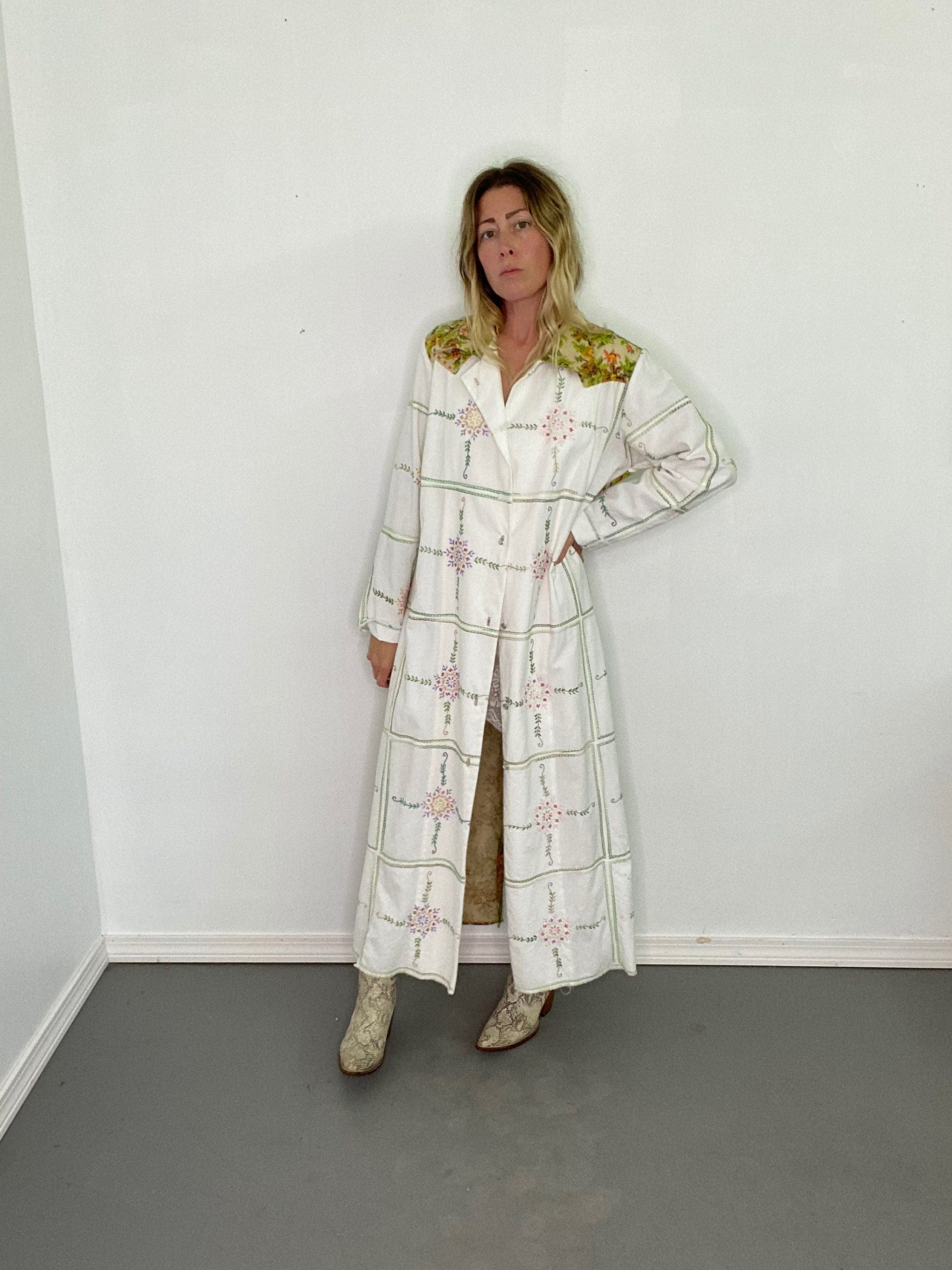 Handmade Coat, Ranch Cowgirl Cowboy, Cantle Cover, Faux Embroidered, Tablecloth, Sustainable Fashion, Upcycled, Multiple Materials