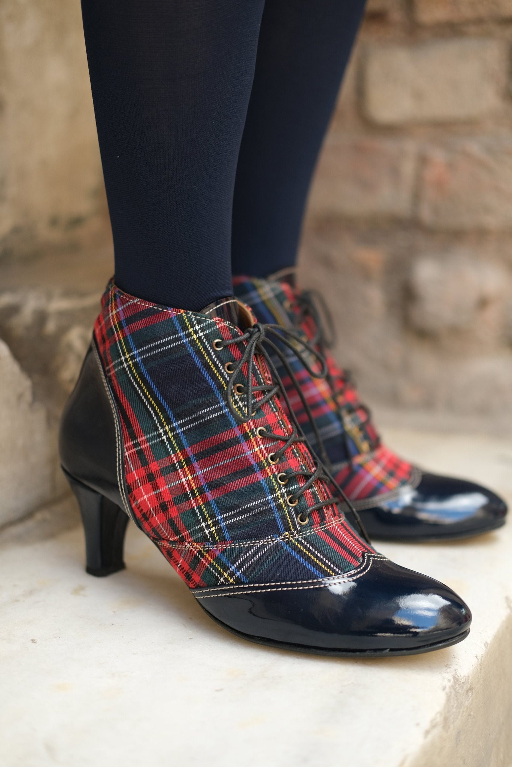 Handmade Lace Up Ankle Boot | High Heel Tartan Booties Custom Made Boots |Checked 2.75Inch Heels