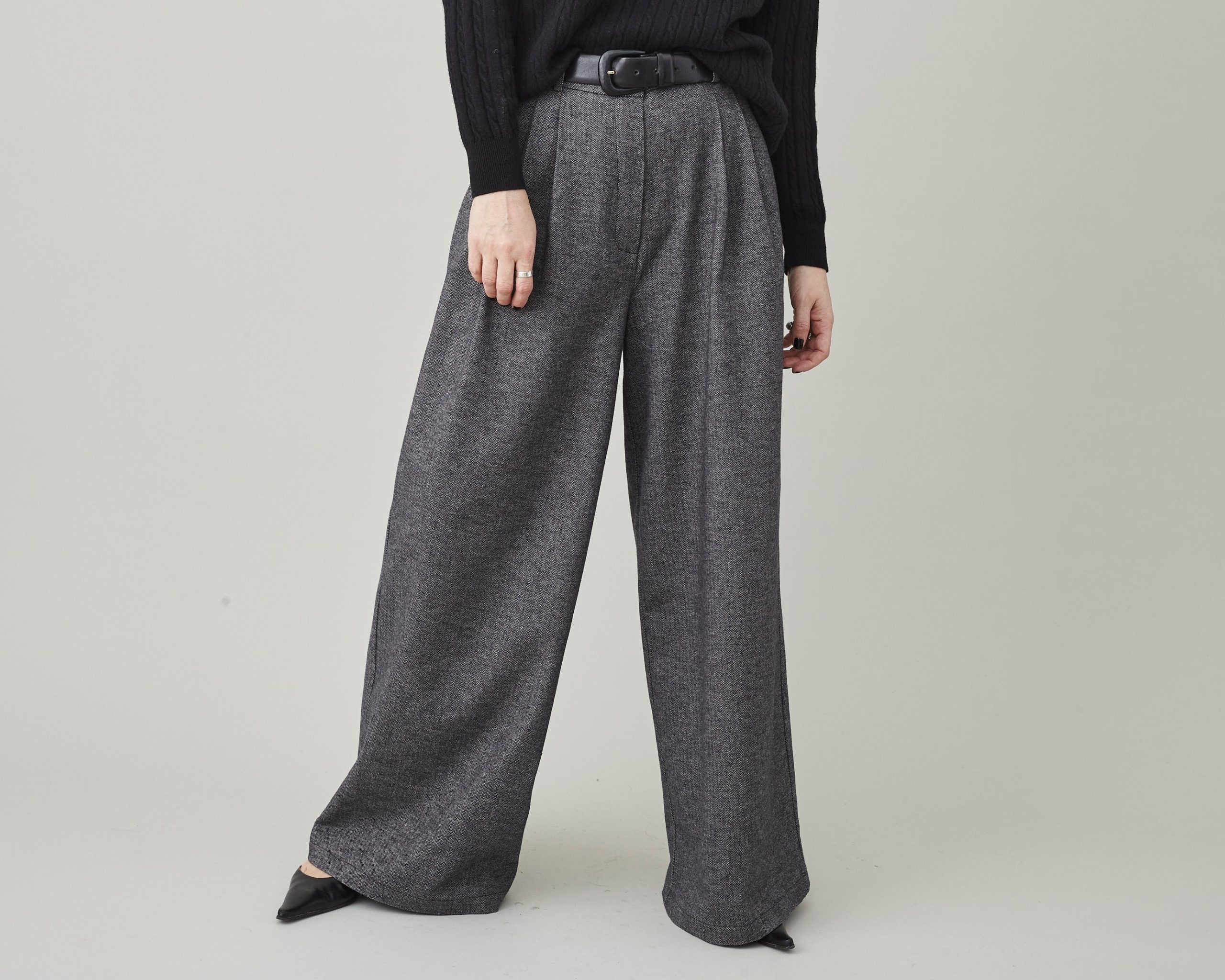 Handmade Wide Leg Pants For Women, Custom Tailored Trousers With High Rise & Pleats, Grey Herringbone Print Soft Cotton Spring Fall