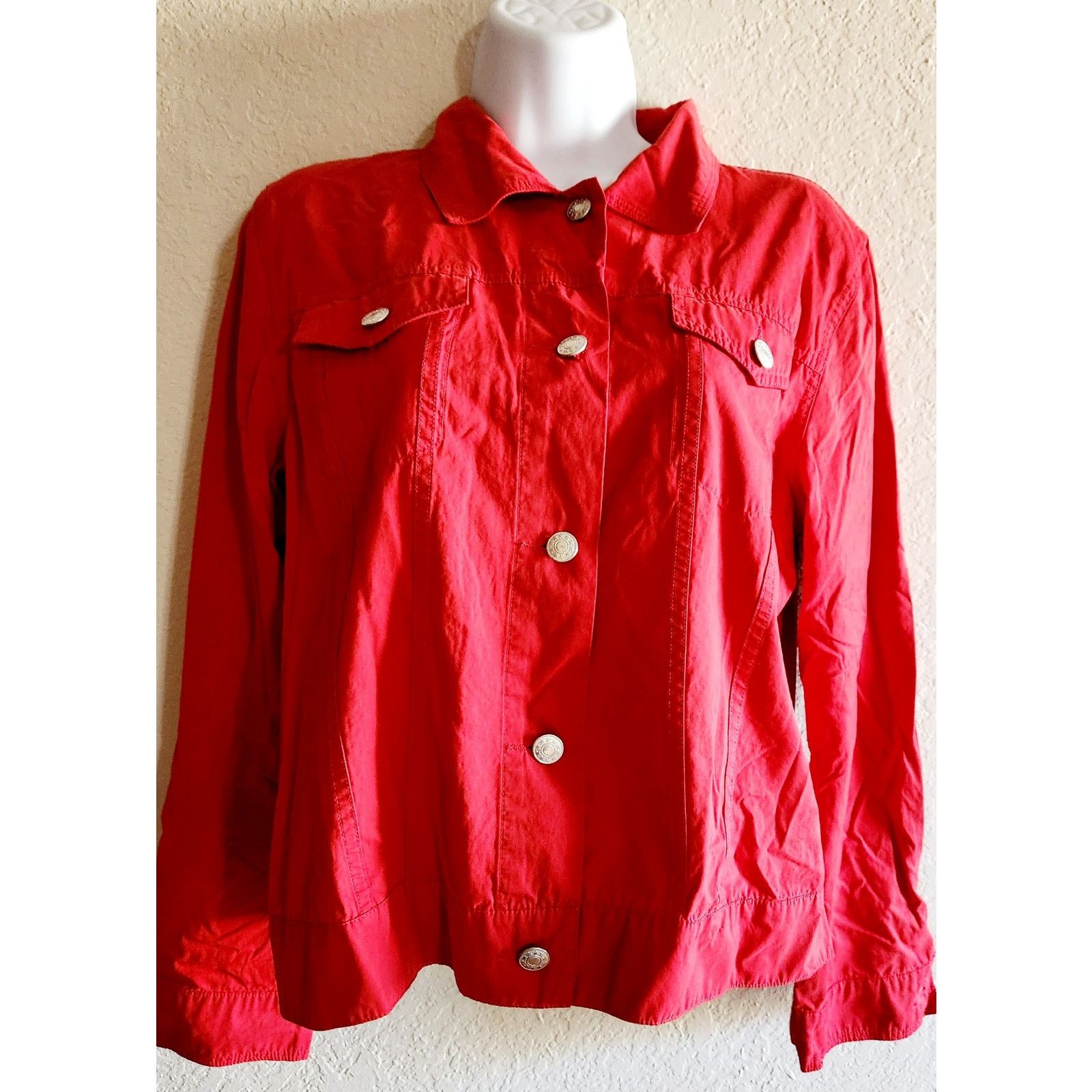 Hannah Red Button Up Pointed Collar Denim Jacket Large, Women's