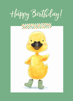 Happy Birthday, Yellow Duckling with Green Rain boots, Child Greeting Card