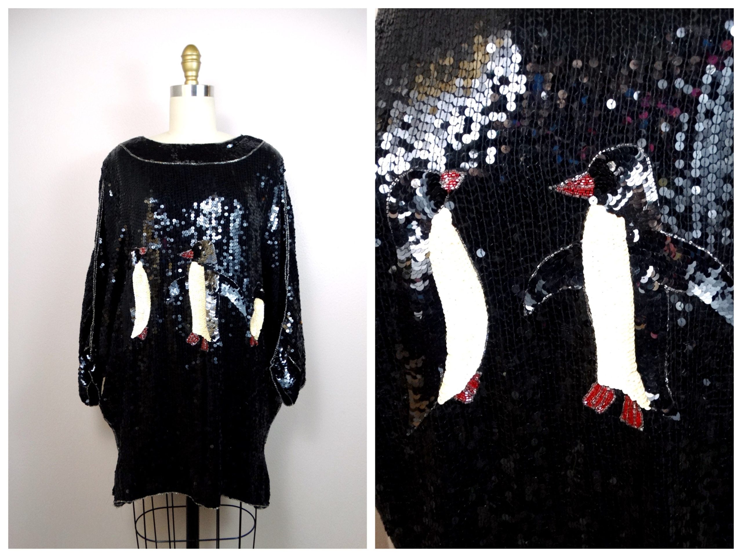 Happy Penguins Sequin Dolman Top // Novelty Vintage Oversized Fully Sequined Embellished Penguin Batwing Tunic Or Mini Dress