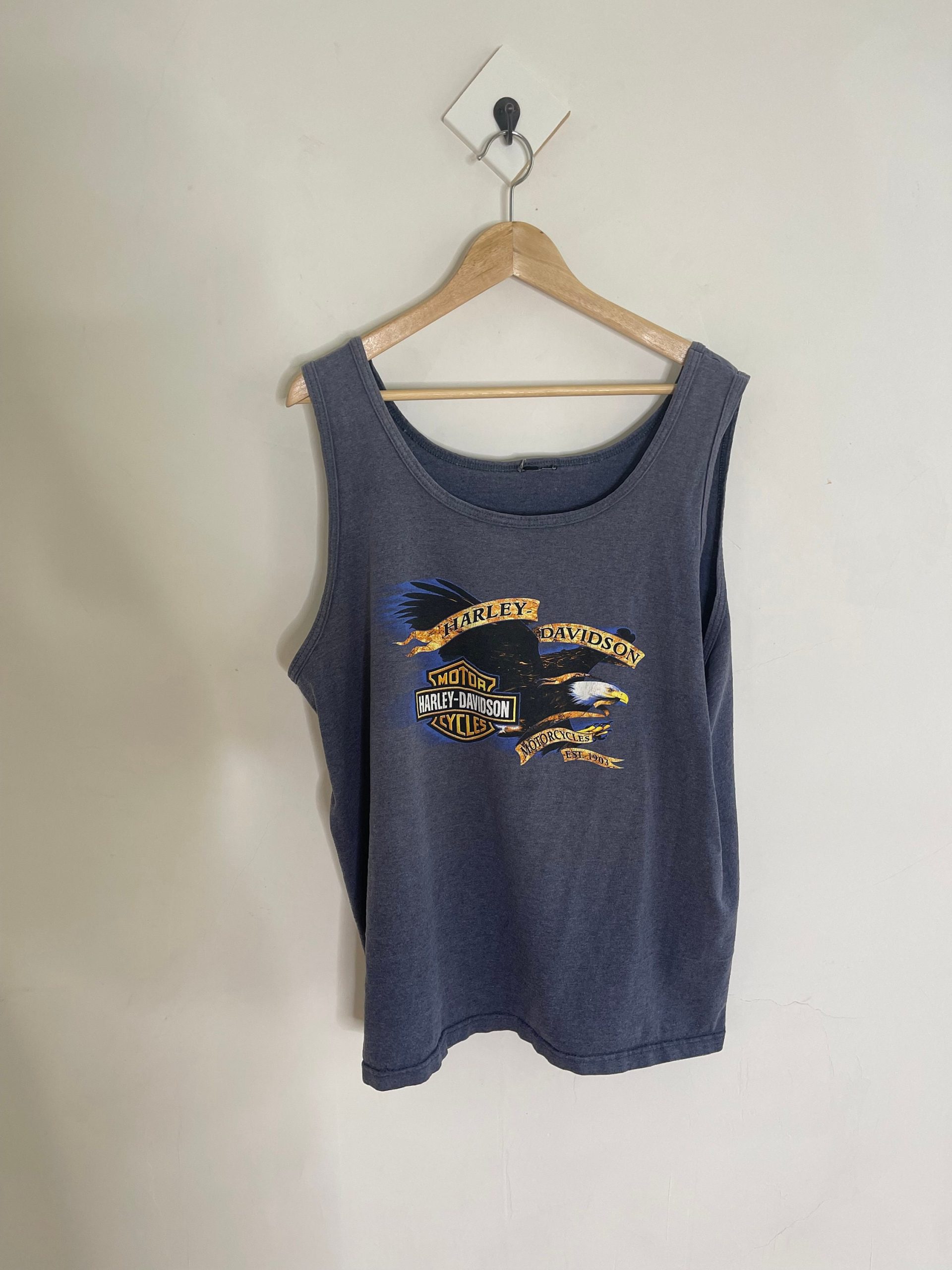 Harley Davidson Motorcycles Tank Top Vintage Eagle Rice Lake Wisconsin Blue Gray