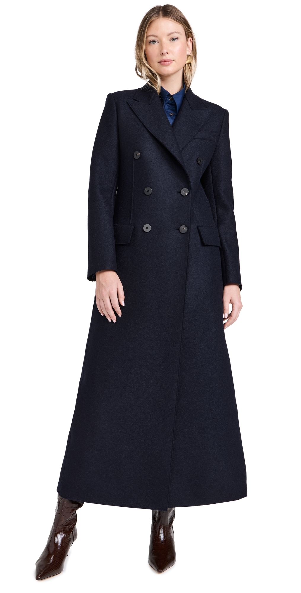 Harris Wharf London Women Long Double Breasted Tailored Coat Pressed Wool Navy Blue 46