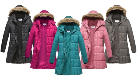 Haute Edition Women'sParka Puffer Coat with Faux Fur Lined Hood WINE M (4-6)