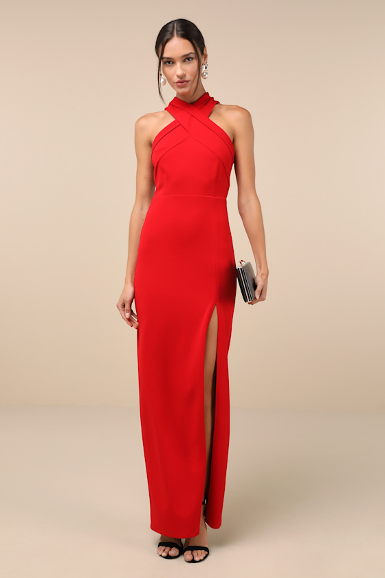 Head to Cocktail Hour Red Halter Neck Maxi Dress