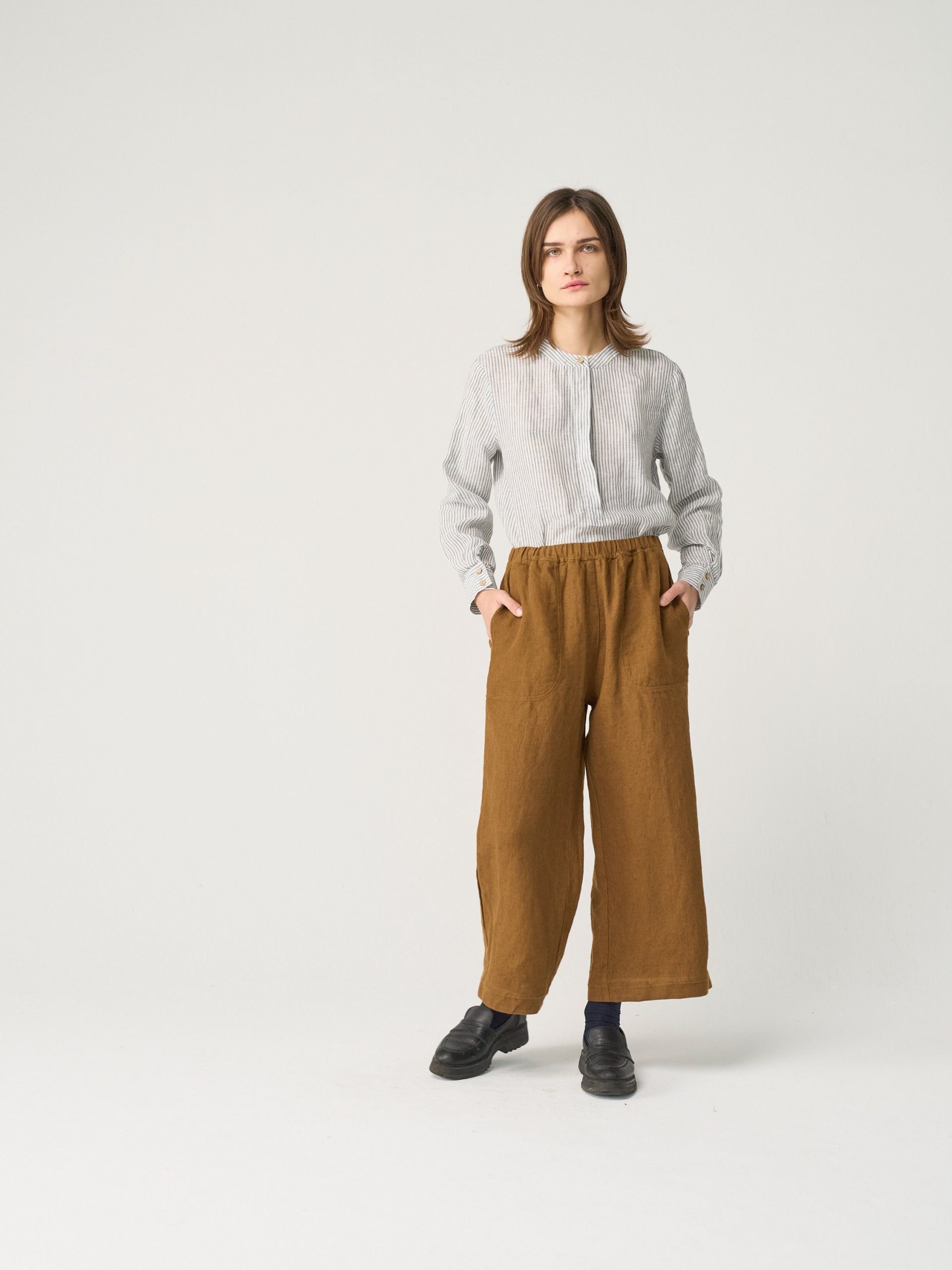 Heavy Linen Culottes With Elastic Waist, Wide Leg Pants Pockets, Cropped Trousers For Women Pecan