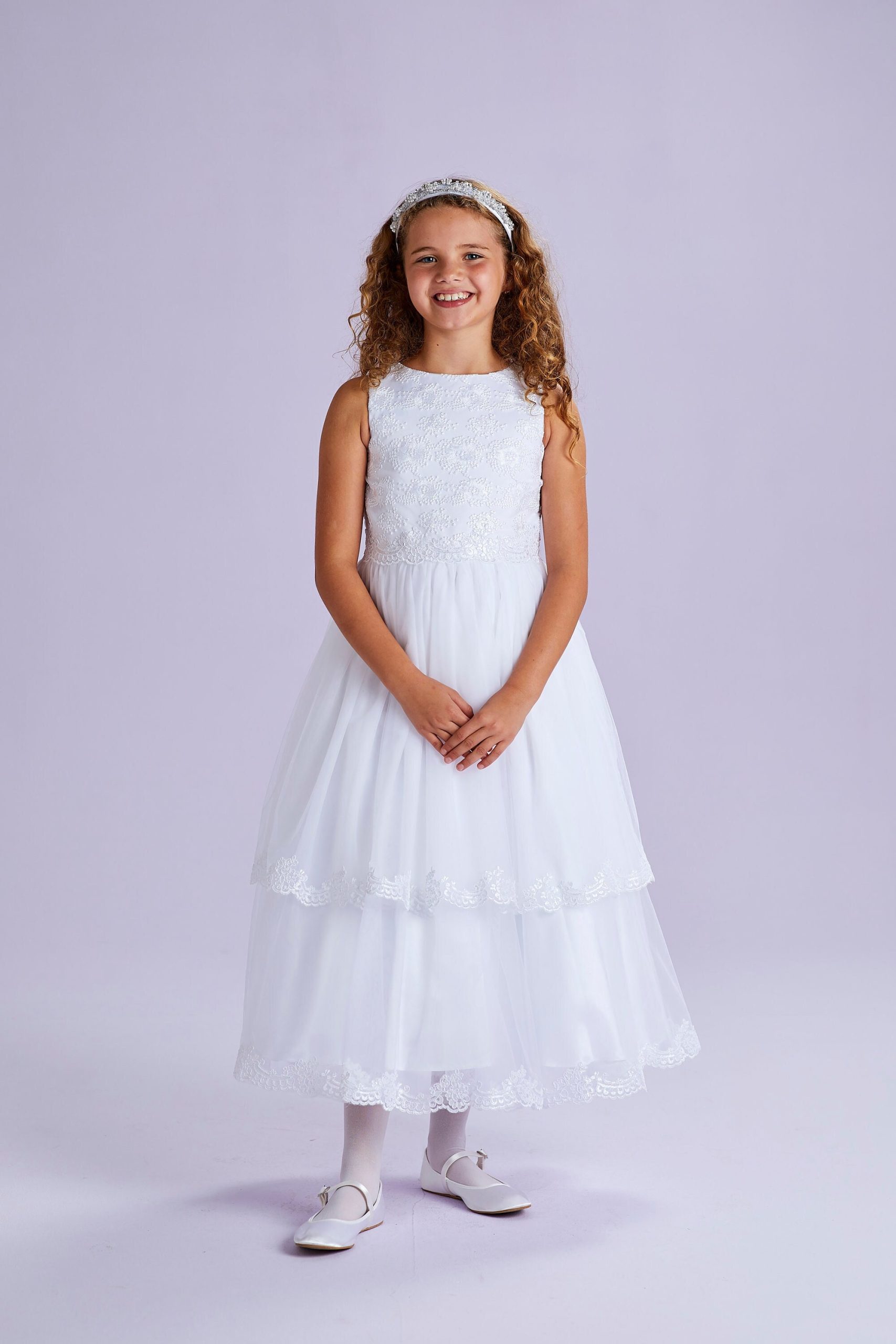 Helene White Holy Communion Sleeveless Sequin Bodice Dress With Embroidered Lace Two Tiered Skirt Sale