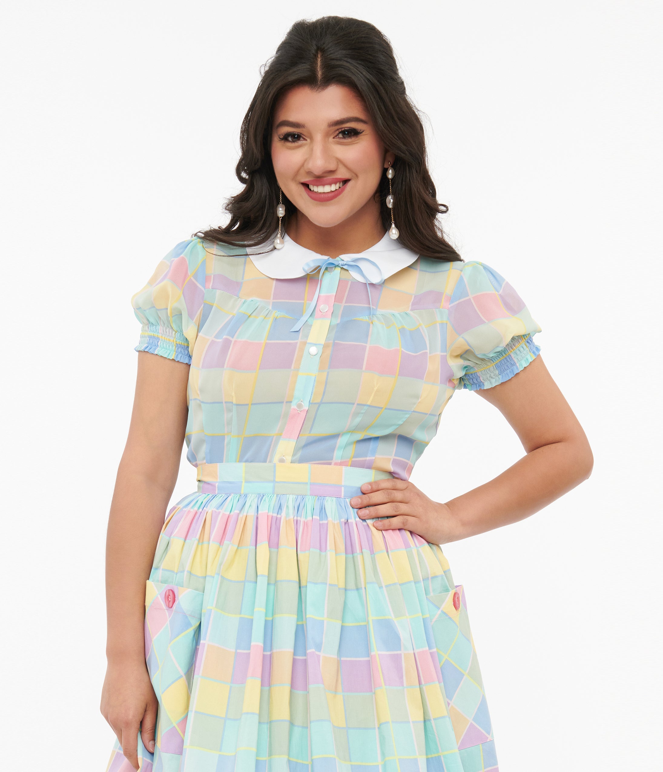 Hell Bunny 1950S Pastel Check Collared Skye Blouse