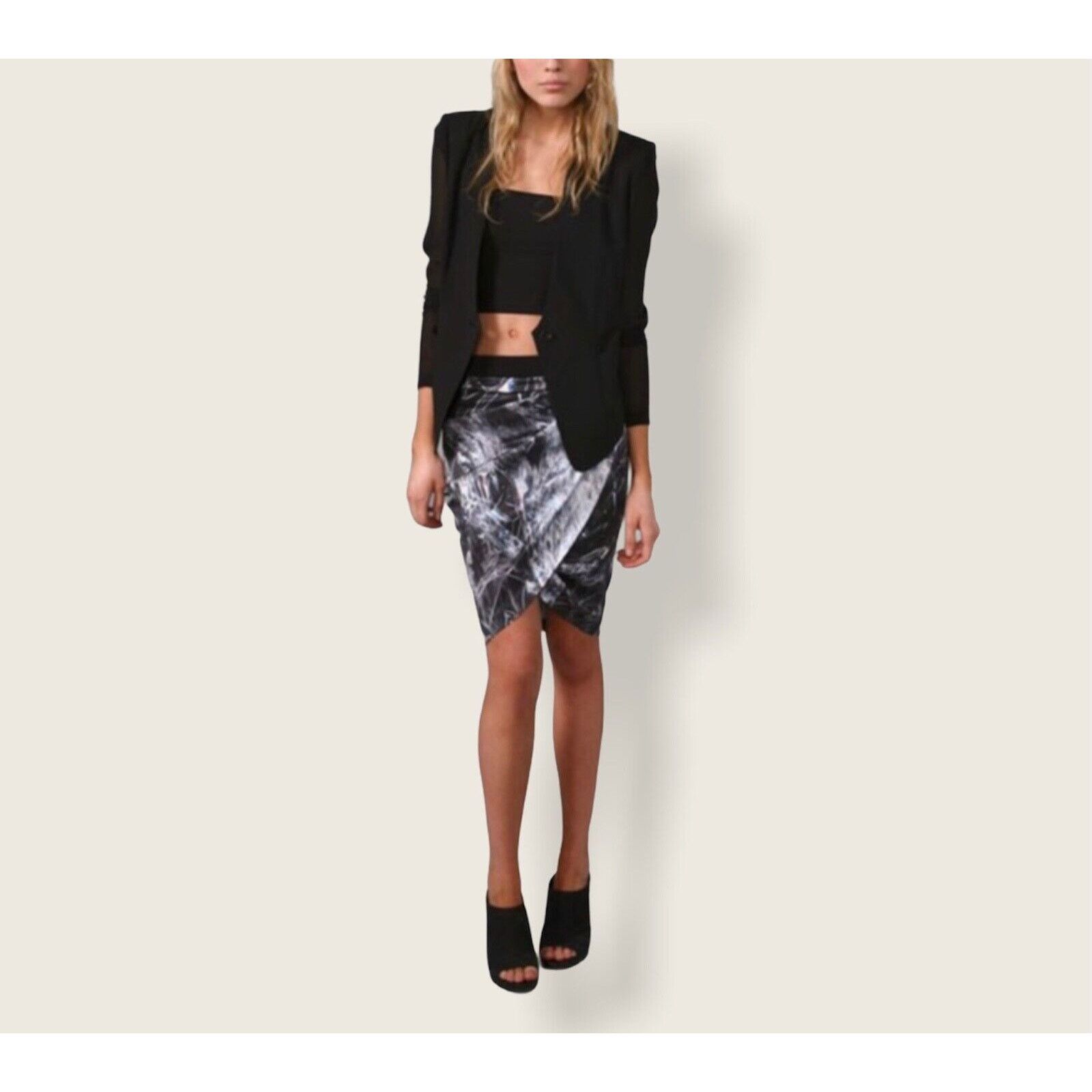 Helmut Lang Silk Cellophane Print Faux Tulip Hem Wrap Skirt in Black, Women's (Size 27)