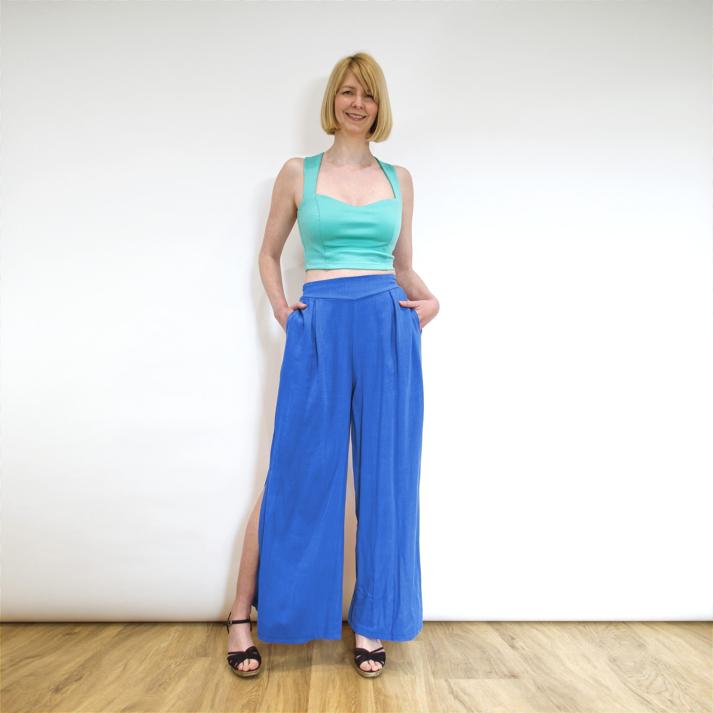 Hepburn | Handmade Women's Wide Leg Linen-Look Palazzo Pants in Azure Blue. Vintage Style Summer Flared Trousers With Side Splits