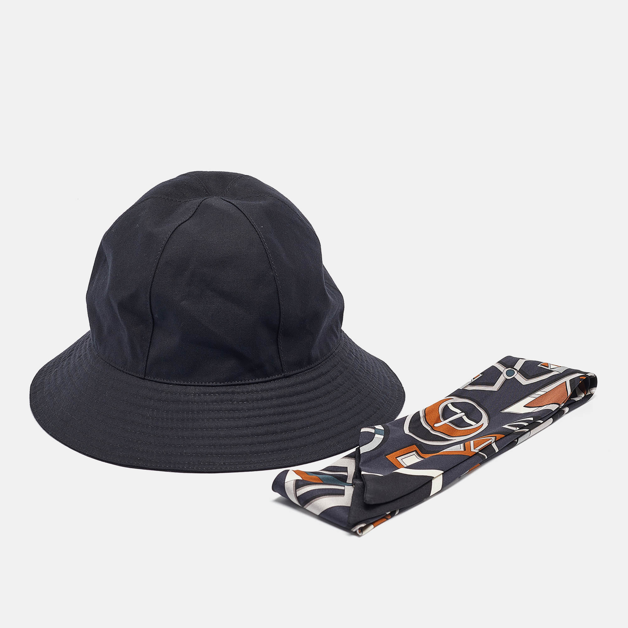 Hermes Black Gabardine and Printed Silk Twilly Bucket Hat