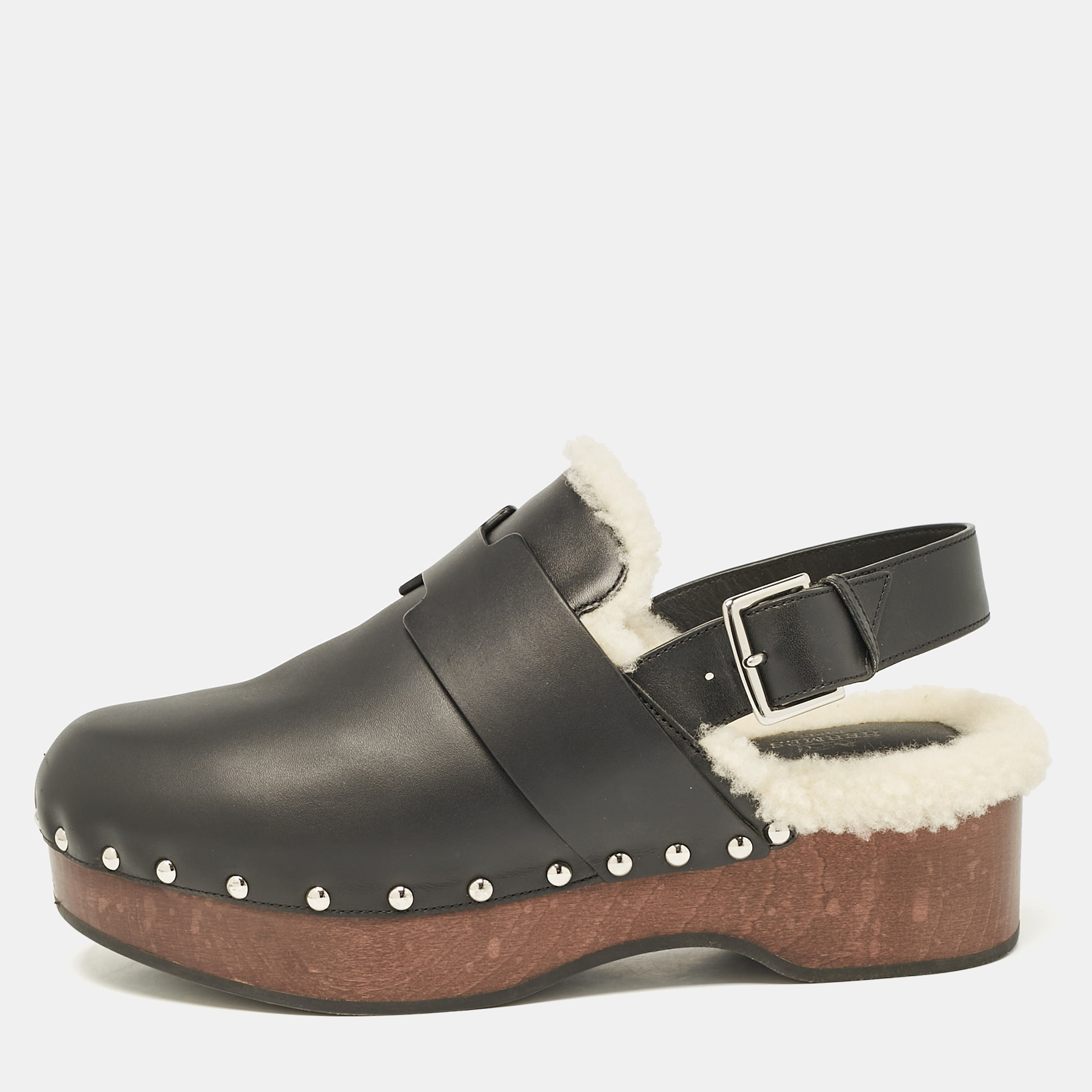 Hermes Black Leather and Shearling Carlotta Clogs Size 40