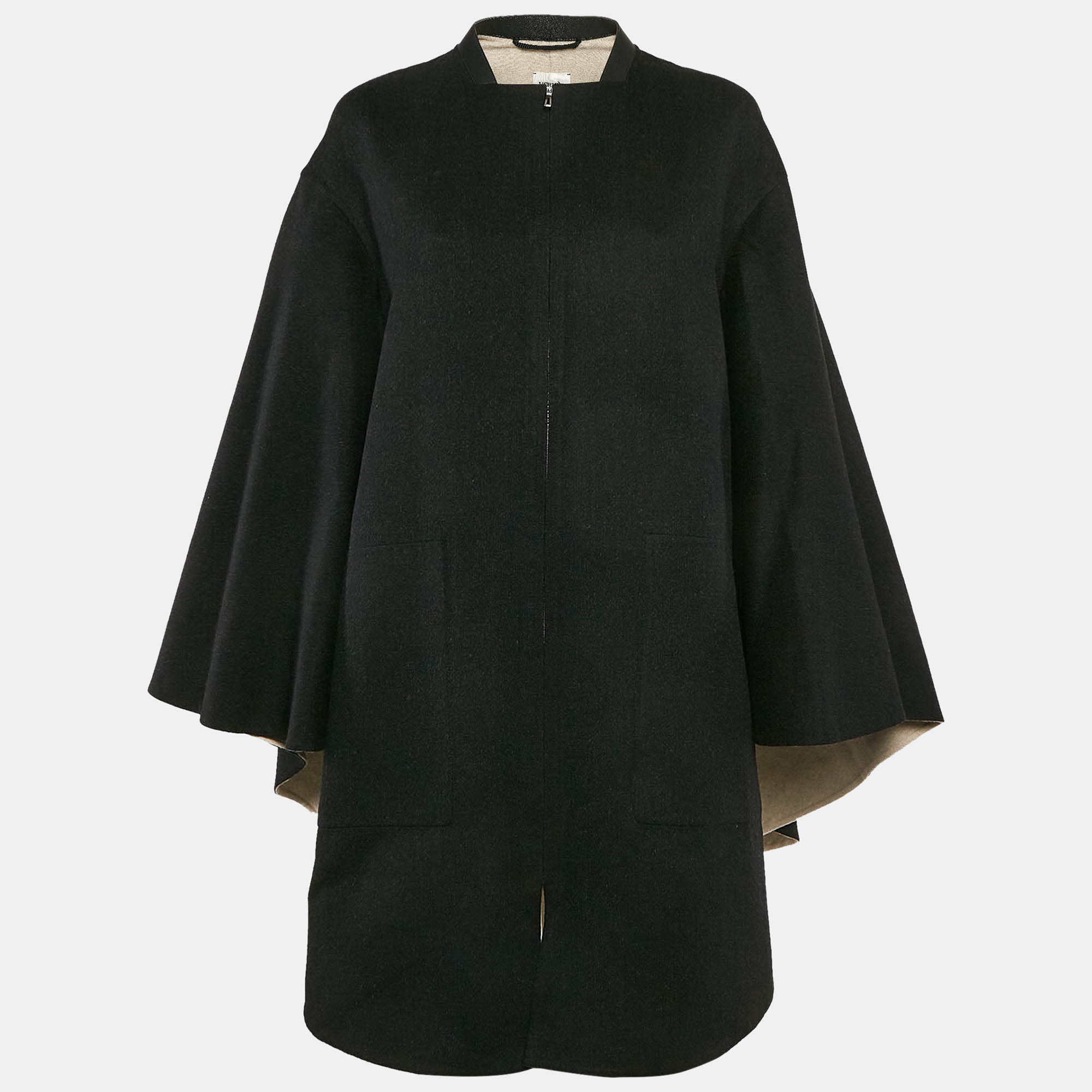 Hermès Black Wool Blend Zip-Up Cape Coat L