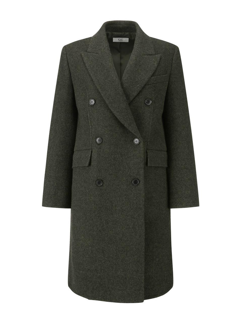 Herringbone Double-Breasted Mid-Length Wool Coat (KA_C244MSG554)