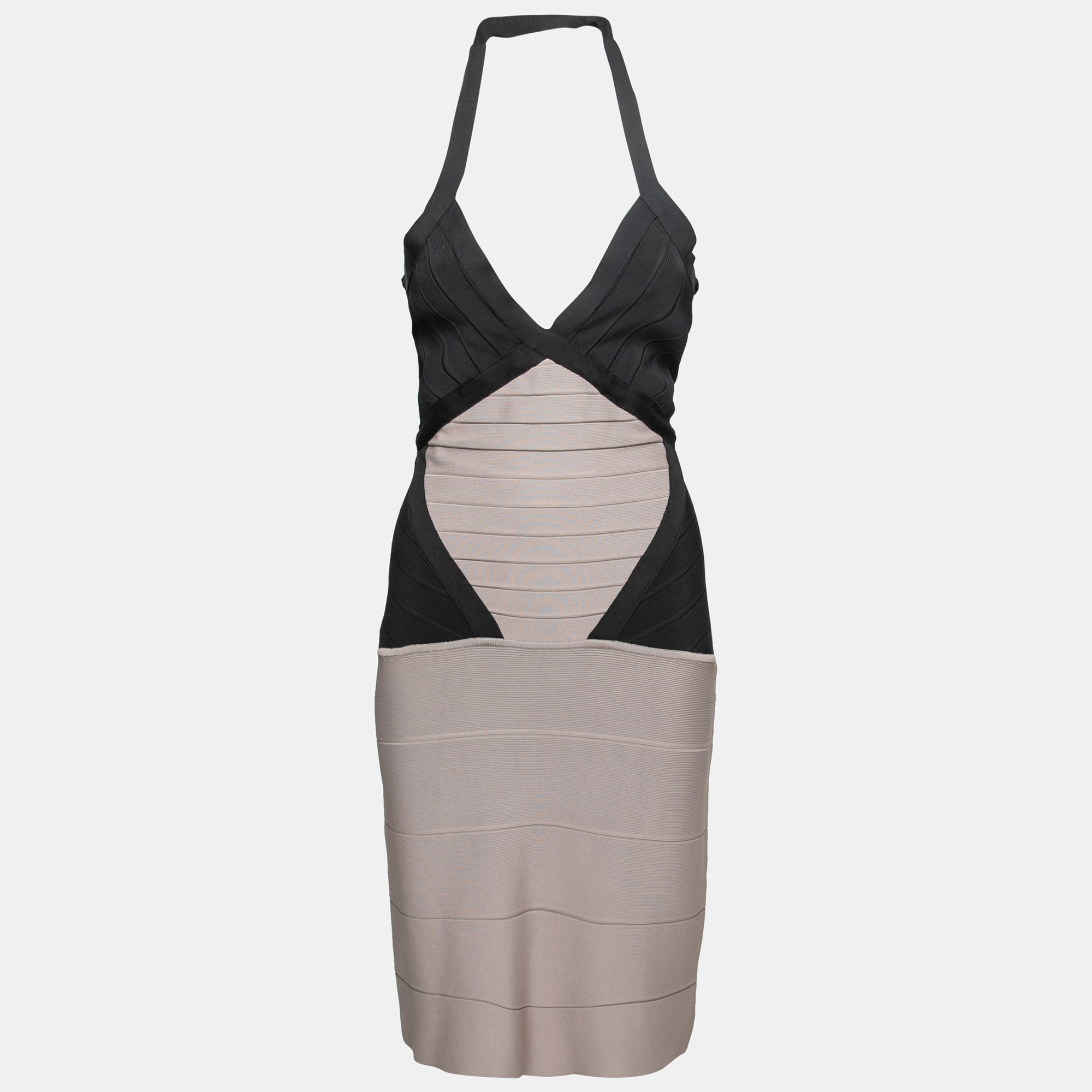 Herve Leger Colorblock Knit Halter Neck Bandage Dress S