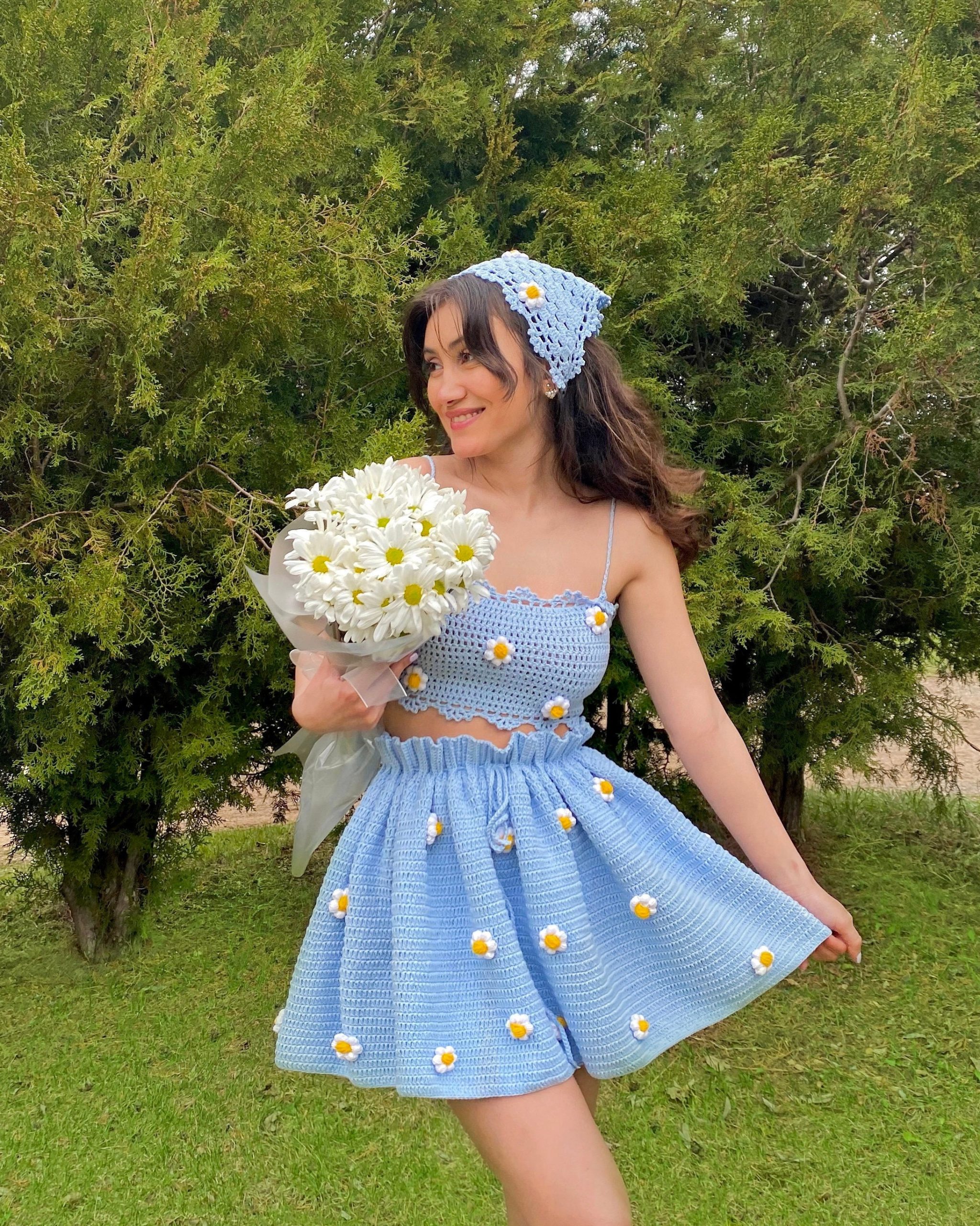 Heyays | Daisy Summer Set Cottagecore Dress Crochet Handmade Aesthetic Blue Circle Skirt Floral
