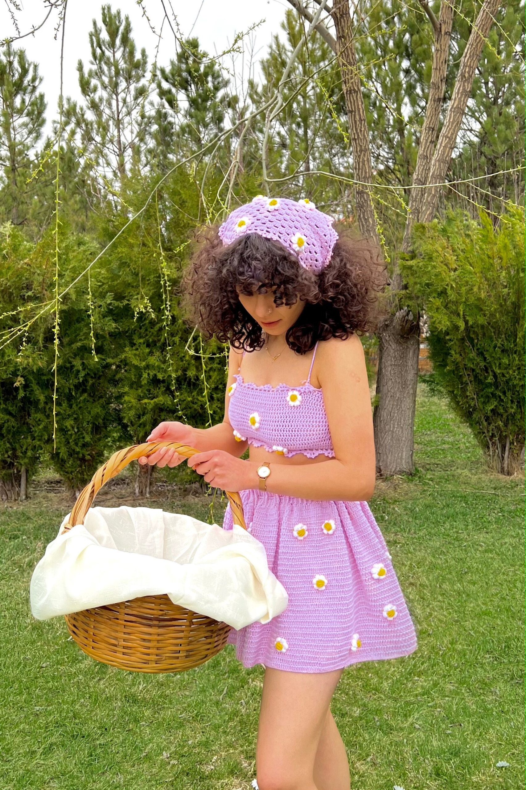 Heyays | Lilac Daisy Summer Set Cottagecore Dress Crochet Handmade Aesthetic Circle Skirt Floral