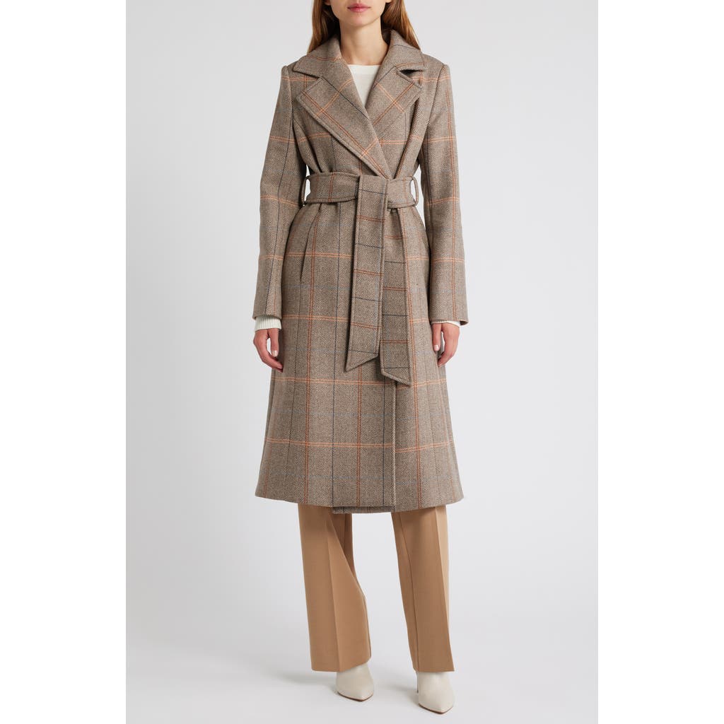 HiSO Eva Plaid Wool Blend Belted Coat in Camel Herringbone at Nordstrom, Size Small