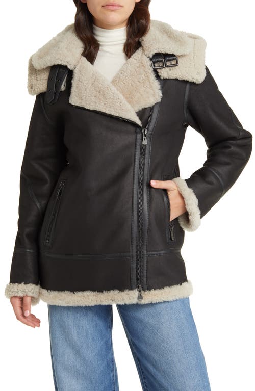 HiSO Martina Genuine Shearling Coat with Detachable Hood in Black Beige at Nordstrom, Size Xx-Small