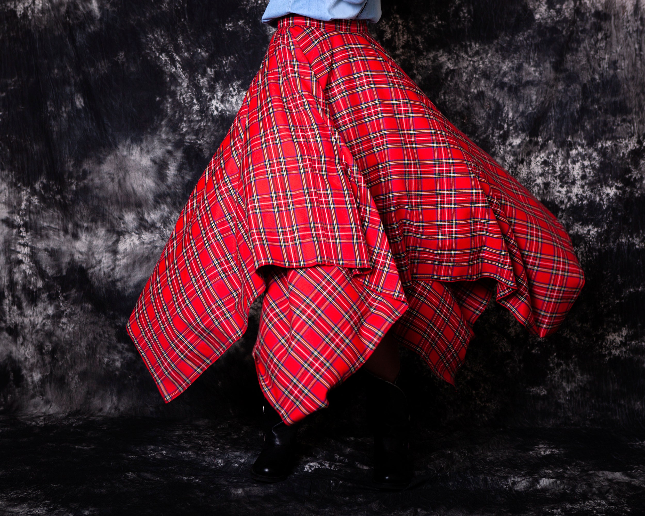 High Low Red Plaid Skirt. Asymmetric Tartan Skirt With Pockets