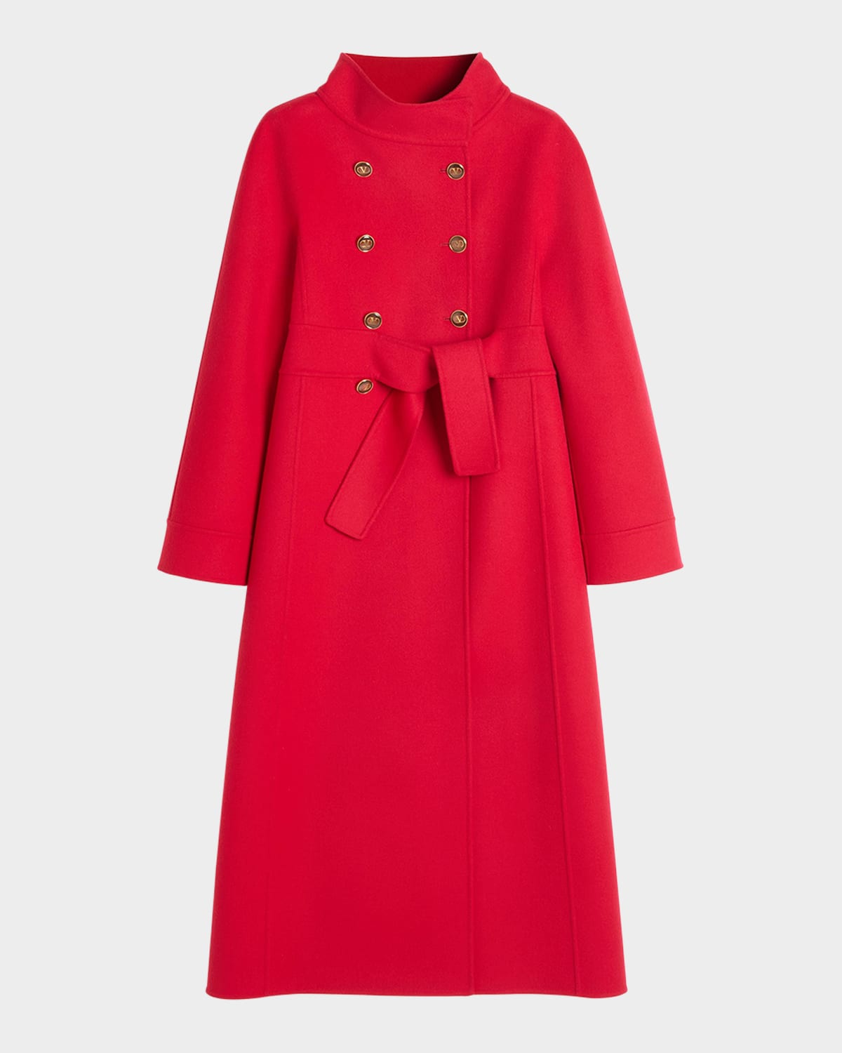 High-Neck Double-Breast Belted Wool Cashmere Coat