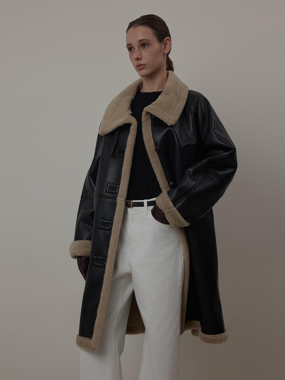 High Neck Leather Shearling Long Coat