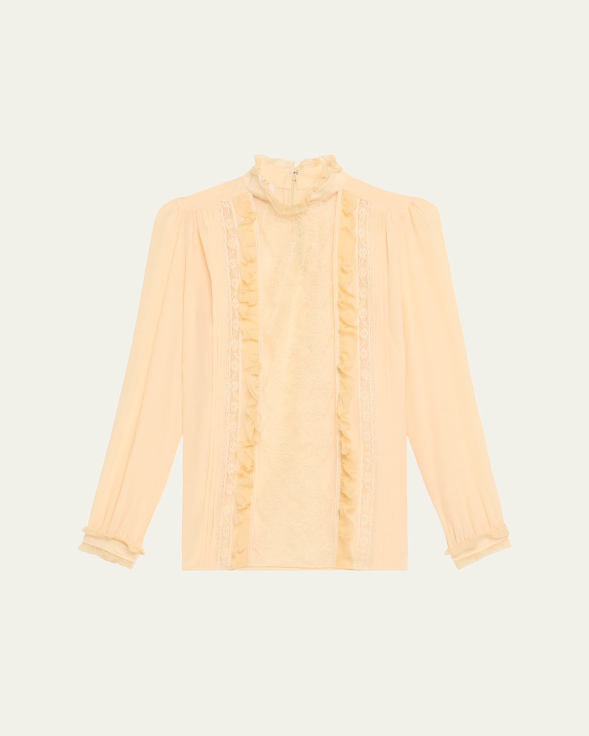 High-Neck Ruffle Lace-Bib Silk Blouse