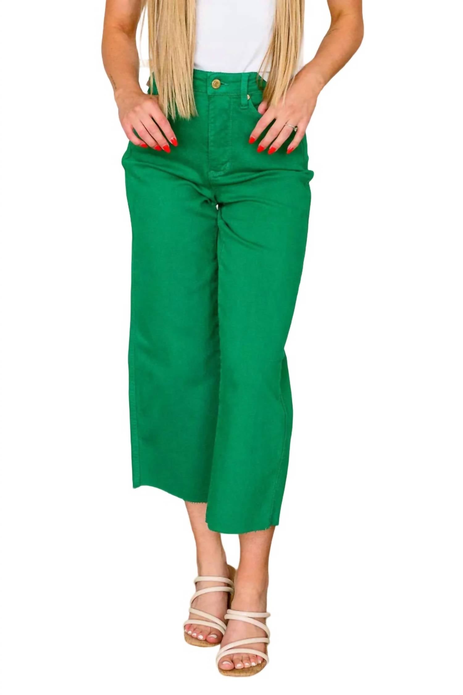 High Rise Control Top Wide Leg Crop Jeans In Kelly Green