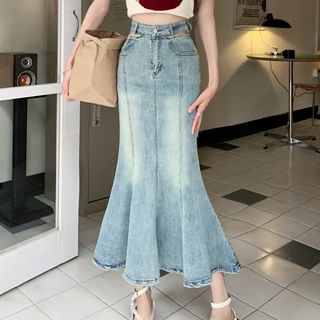 High Rise Cutout Washed Denim Midi Mermaid Skirt