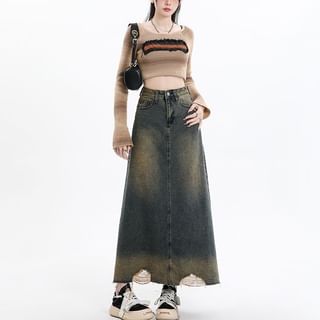 High Rise Distressed Washed Denim Midi A-Line Skirt