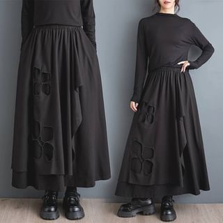 High Rise Flower Embroidered Asymmetrical Maxi A-Line Skirt Black - One Size