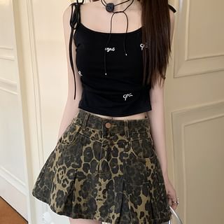 High Rise Leopard Print Pleated Mini A-Line Denim Skirt